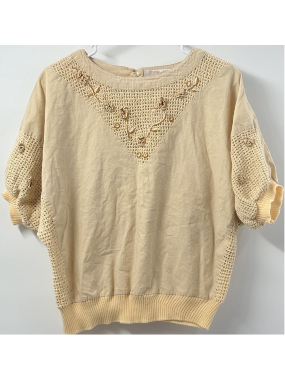 Vintage 1980’s Tan Knit Crochet Short Sleeve Sweater Size Large - Picture 1 of 10
